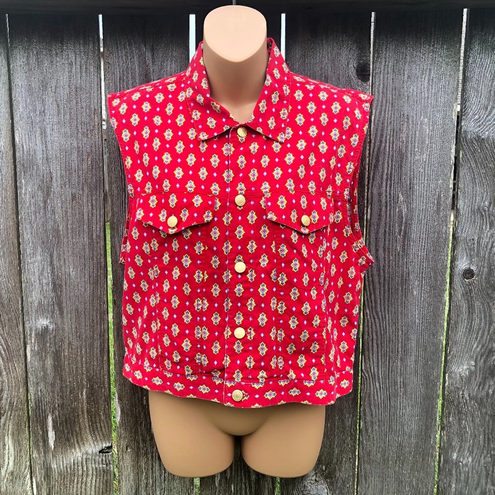 Vintage LizWear Red Button Down Sleeveless Vest Top French Country Size M (est.)